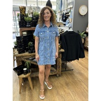 Country Denim Button Front Collar Denim Dress - Light Mid Blue