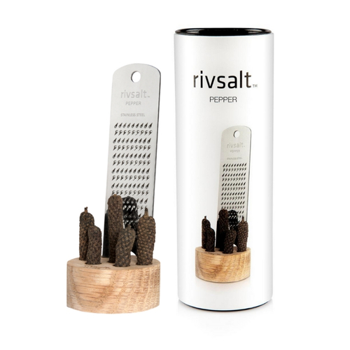 Rivsalt Pepper - Javan Long Peppercorns with Stainless Steel Grater and Oak Stand