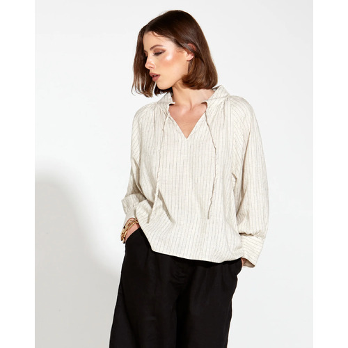 Fate+Becker Heritage Linen Batwing Blouse - Natural Pinstripe