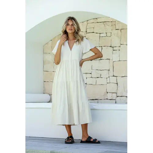 Miss Marlow Linen Button Tier Midi Dress - Natural