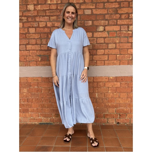 Miss Marlow Linen Button Tier Midi Dress - Soft Blue