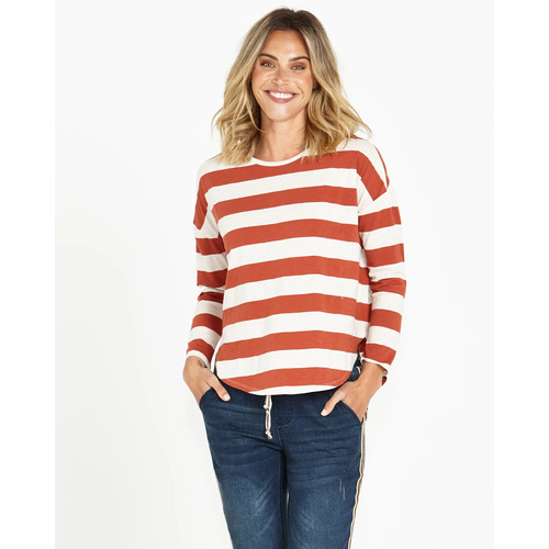 Betty Basics Jessie Long Sleeve Tee - Dusty Terracotta Stripe [Size: 10]