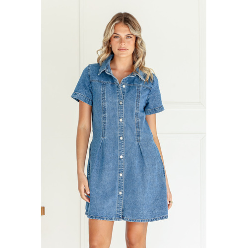 Country Denim Pleat Pocket Collar Dress - Mid Blue