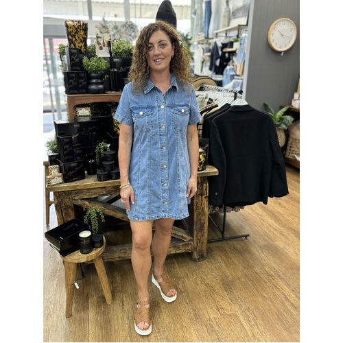 Country Denim Button Front Collar Denim Dress - Light Mid Blue